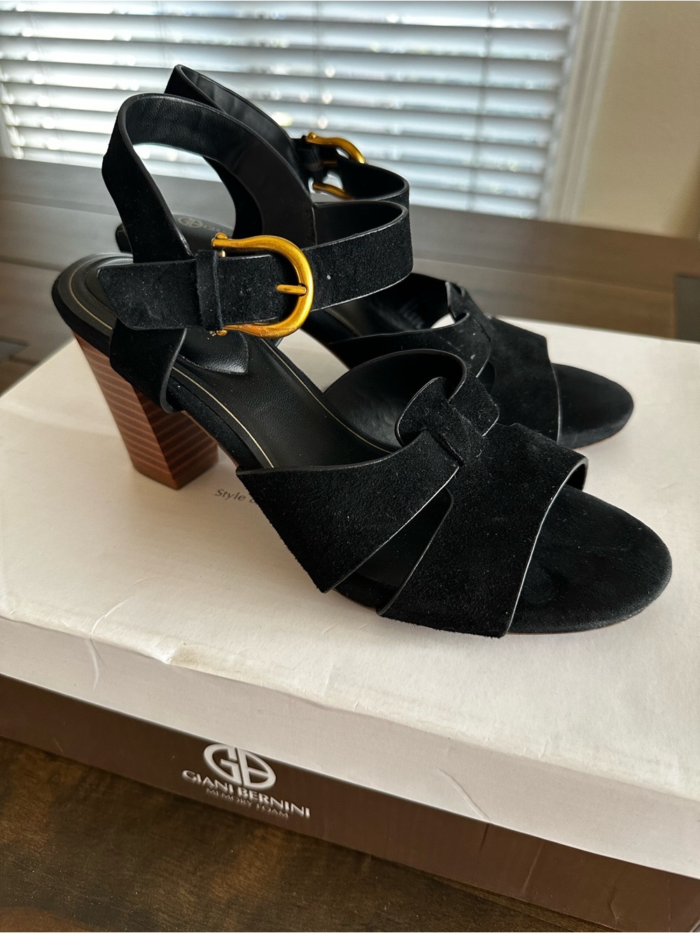 Giani Bernini Black Suede Block Heel Sandals with Gold Buckle